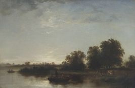 Attributed to John Crome (1768-1821), River landscape with figures in boats and cattle to water's