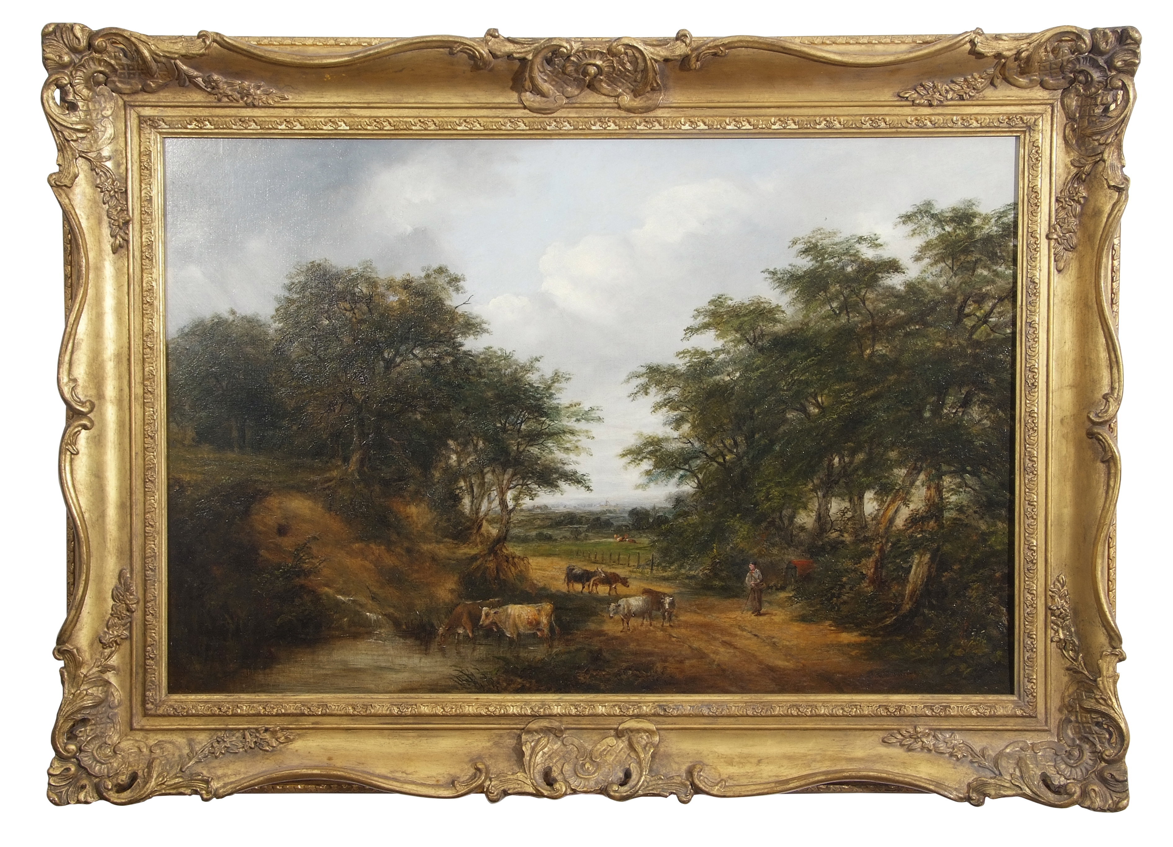 Robert Burrows (1810-1883), Country Landscape with Herder and Cattle in a Lane, oil on canvas,