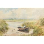 George Parsons Norman (1840-1914), Broadland landscape with figure in a boat, watercolour, signed