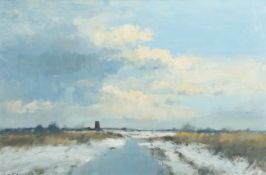 •AR Ian Houston (born 1934), "Winter sunlight - Halvergate Marshes", oil on board, signed lower