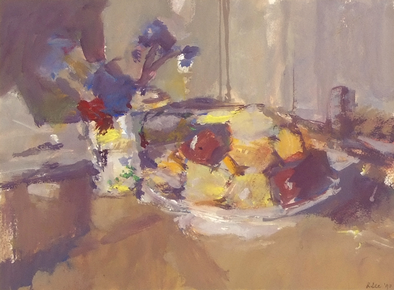 Dick Lee (1923-2001), "Cornflowers and apples", watercolour, signed, dated 90 lower right, 22 x