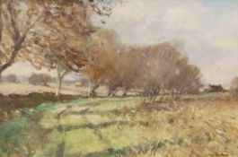 •AR Owen Waters (1916-2004), "Track to a farm at Hassingham, Norfolk", oil on board, signed lower