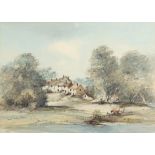 •AR Arthur Edward Davies, RBA, RCA (1893-1988), "Old cottages, Bawburgh", pencil and watercolour,