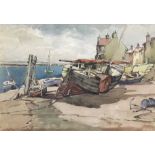 •AR Jack Cox (1914-2007), Fishing boats at Wells, pen ink and watercolour, 24 x 35cm