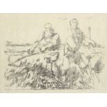 Harry Becker (1865-1928), Farm workers with scythes, black and white lithograph, 31 x 41cm