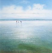 •AR Michael J Sanders (born 1959), Figures playing on a beach, acrylic on canvas, signed lower