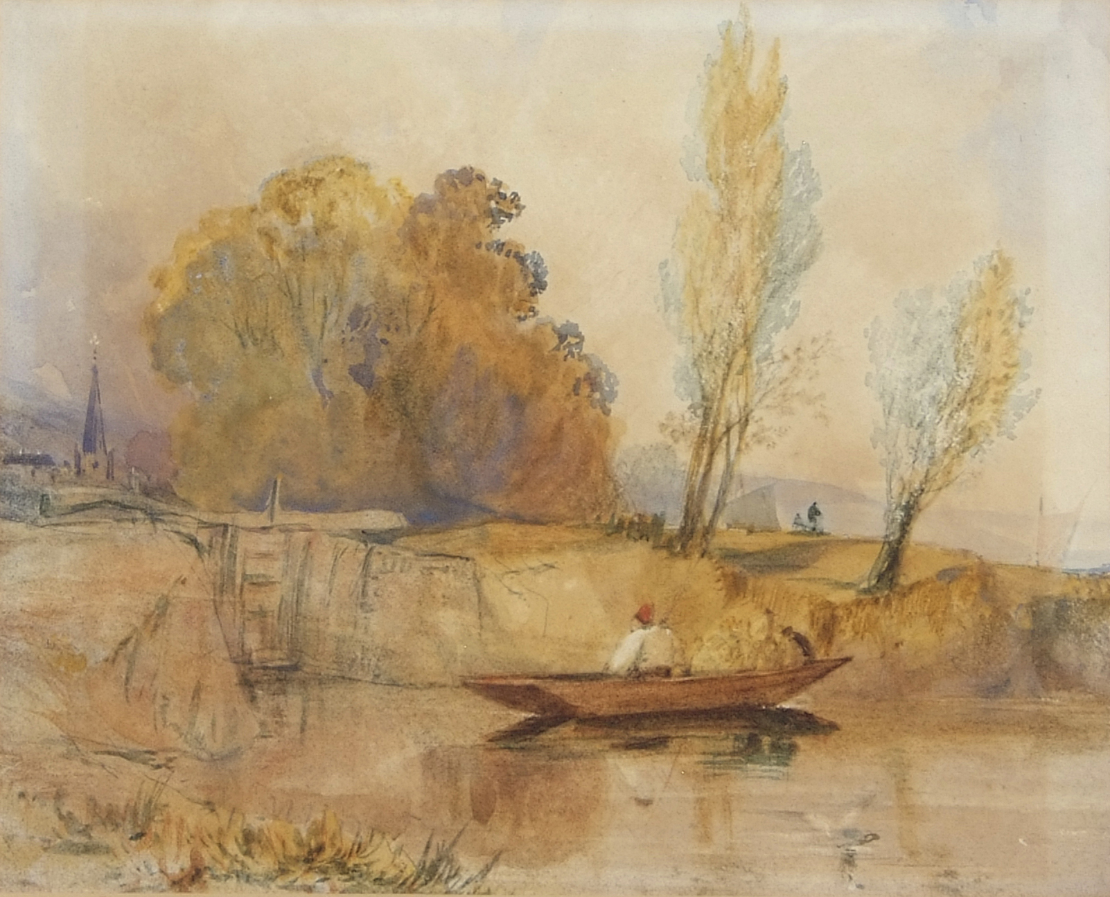 Alfred Priest (1810-1850), Figure in a punt before a lock, watercolour, 20 x 25cm. Provenance: