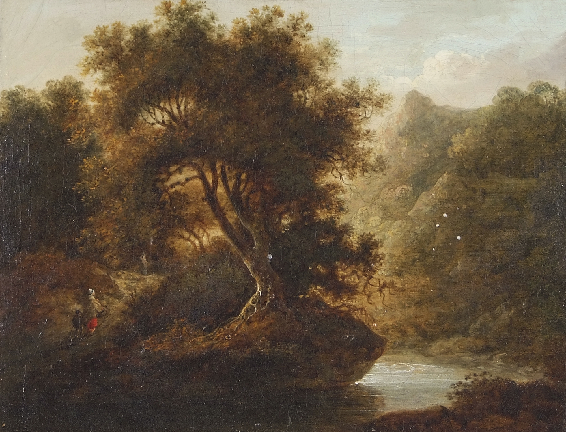 Attributed to John Crome (1768-1821), Mountain river landscape with mother and child, oil on canvas,