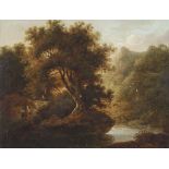 Attributed to John Crome (1768-1821), Mountain river landscape with mother and child, oil on canvas,