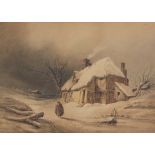 Henry Bright (1810-1873), Figure before a cottage in Winter, watercolour, 29 x 40cm