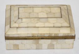 Vintage ivorine or bone mounted and brass box for cigarettes, of rectangular form, 13cm long