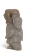 Chinese green jade carving of an Oriental with cat on his shoulder, 8cm high