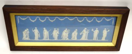 Large Wedgwood jasperware plaque of classical figures and musicians in wooden frame, the plaque 42cm