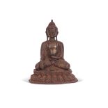 Bronze metal Buddha, Shakayamuni, in traditional pose on raised oval base, 18cm high