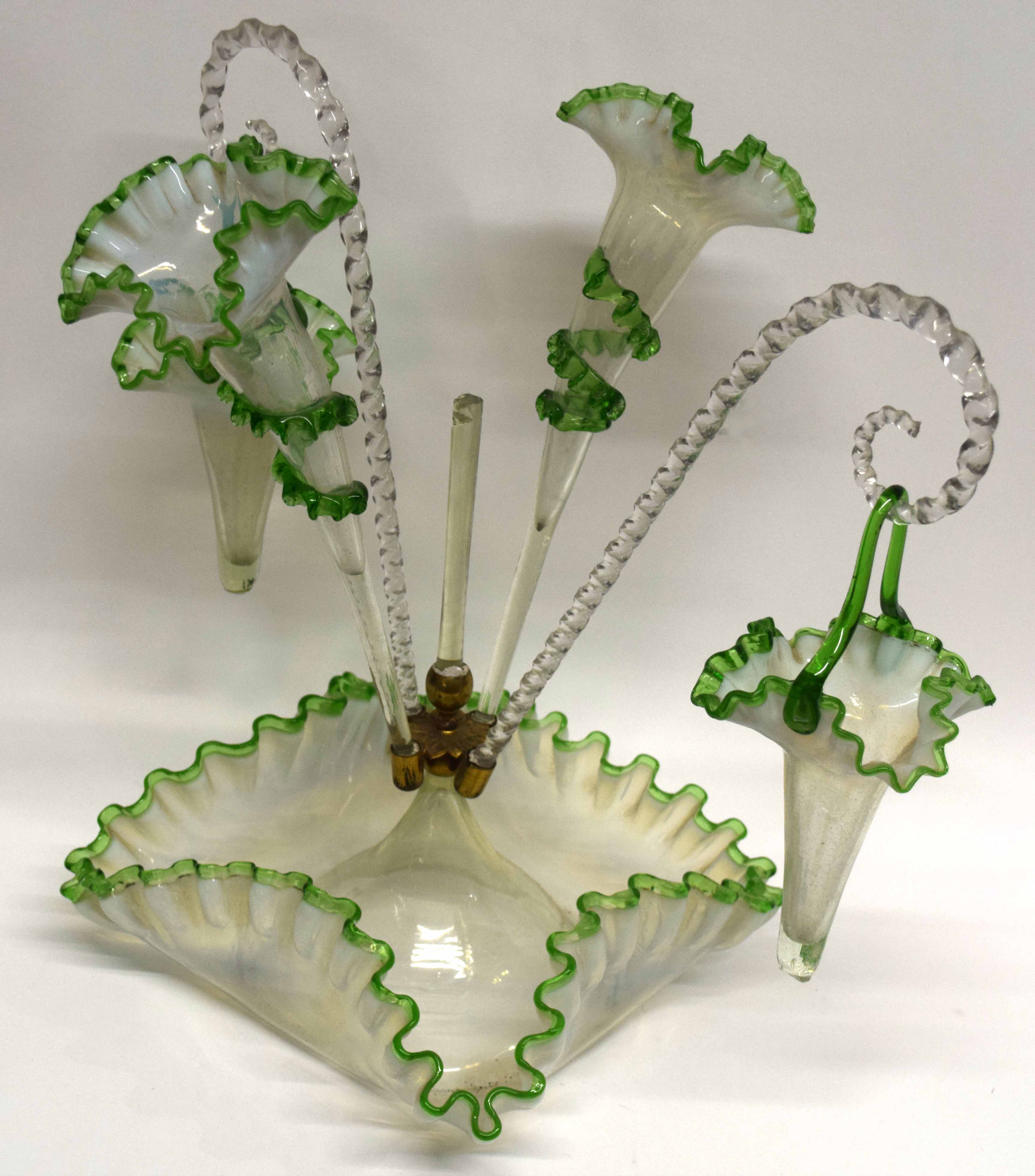 19th century opaline green glass epergne