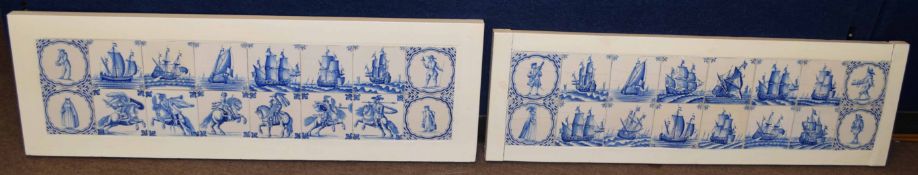 Collection of two panels comprising 16 Delft like tiles with typical 18th century style decoration