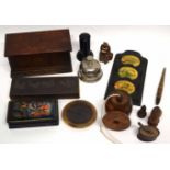 Box of various including table bell, wall mounting letter rack, other treen and metal ware items etc