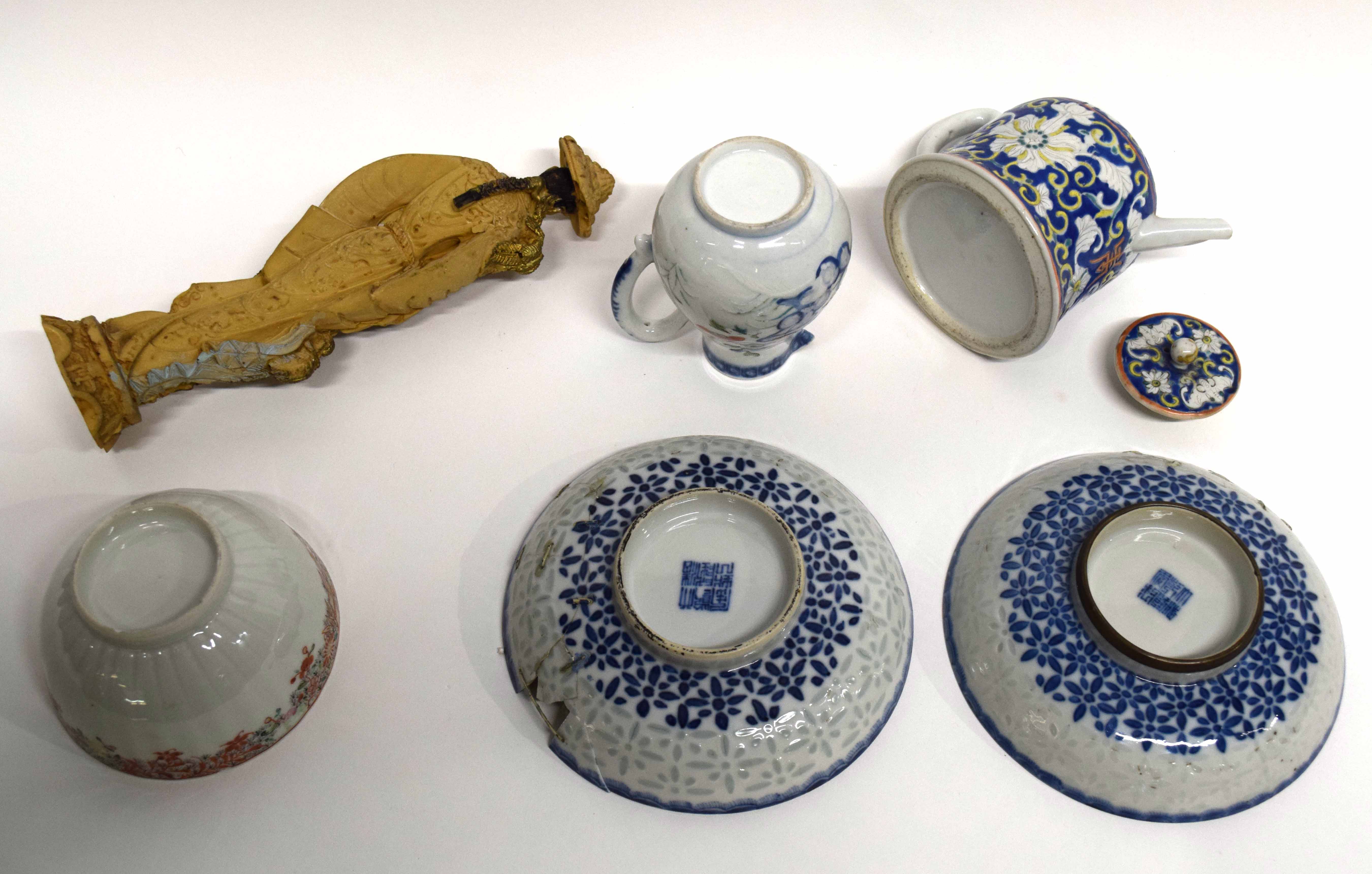 Group of Chinese 18th century and later ceramics including small Chinese tea pot, the blue ground - Image 2 of 3