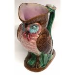 Late 19th century French Majolica jug modelled as an owl in Minton style, 28cm high