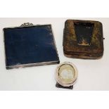 Box of small silver photograph frame, and further hallmarked silver covered clock case and another