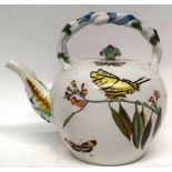 Wedgwood Aesthetic Period pottery tea pot decorated with flowers, birds and butterflies