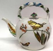 Wedgwood Aesthetic Period pottery tea pot decorated with flowers, birds and butterflies