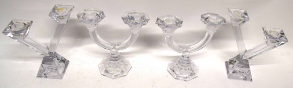 Group of four glass candelabra manufactured by Villeroy & Boch, each candelabra with two branches