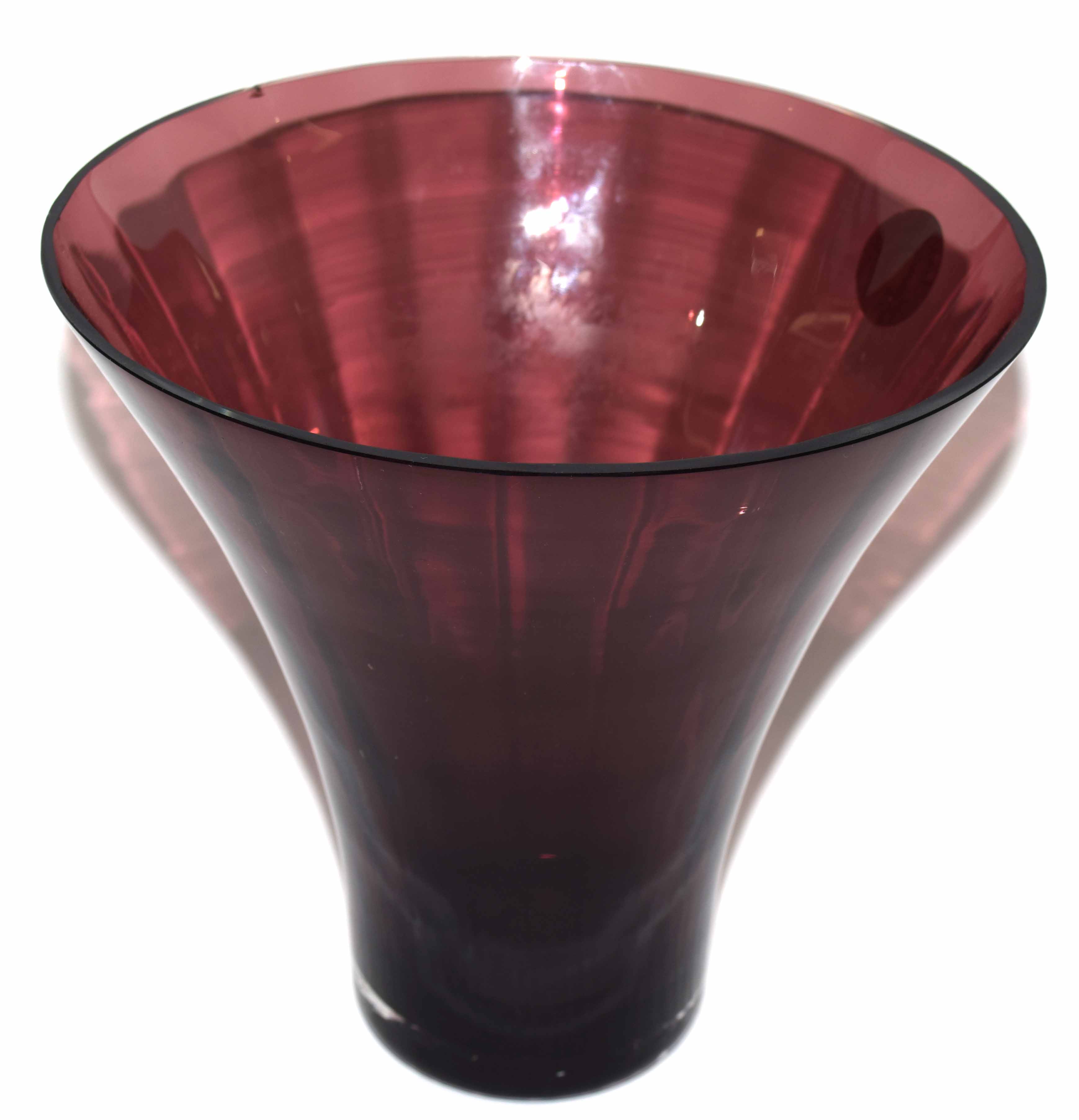 Dartington glass plum coloured vase of flared shape with Dartington paper label