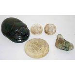 Box of various Oriental wares including scarab beetle model etc