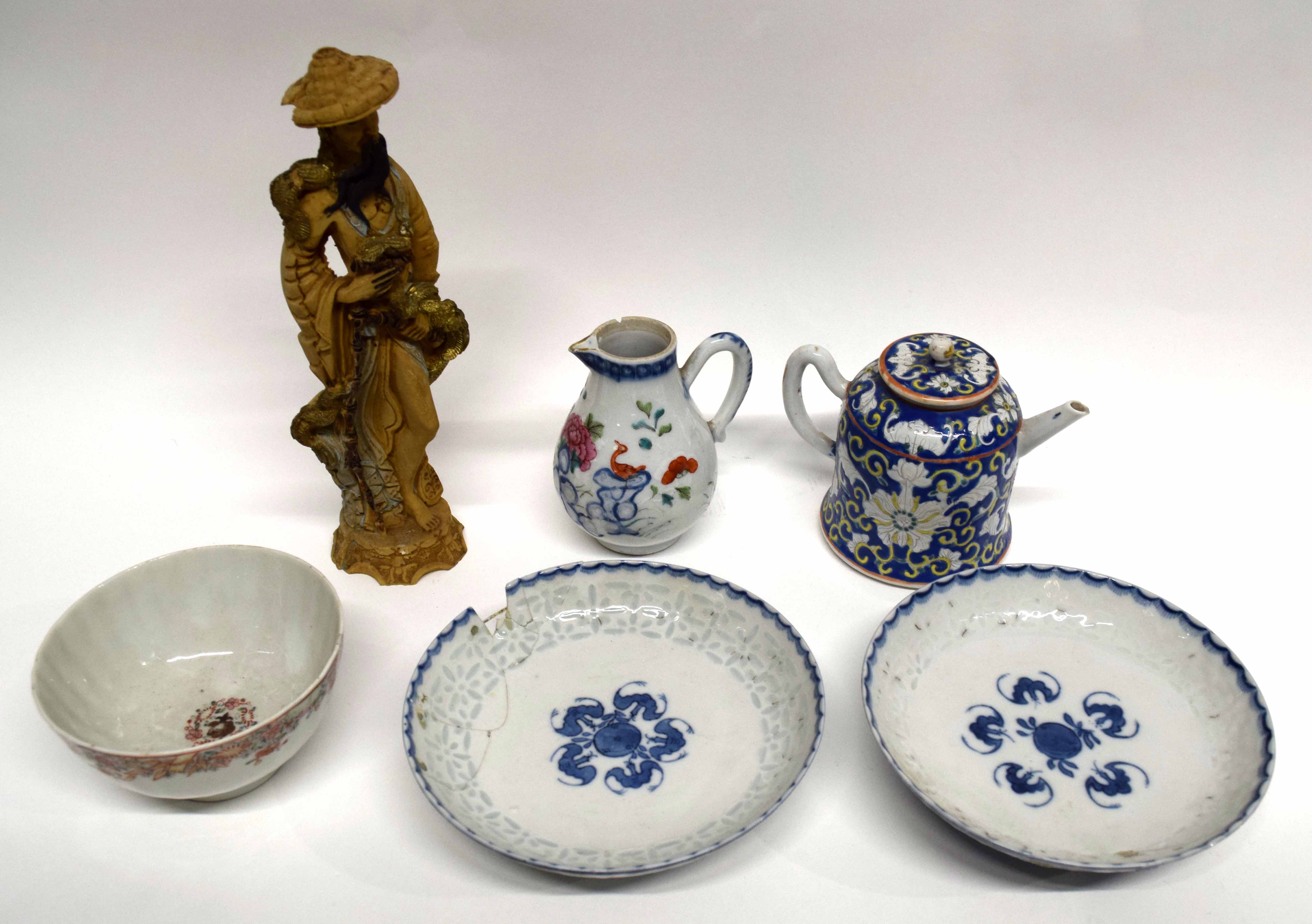 Group of Chinese 18th century and later ceramics including small Chinese tea pot, the blue ground