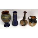 Group of Royal Doulton stonewares including a Harvest ware jug with silver rim, a vase with Slater's