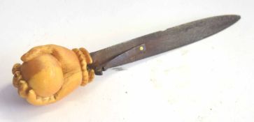 19th century blade for walking cane, with carved ivory hand holding ball (a/f), chip to blade and