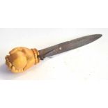 19th century blade for walking cane, with carved ivory hand holding ball (a/f), chip to blade and