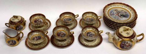 19th century Continental tea set in Vienna style with prints signed Boucher comprising six cups