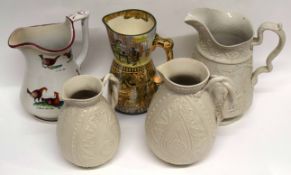 Group of late 19th century pottery jugs including a cock-fighting jug by Ellsmore & Forster with