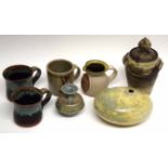 Group of Studio Pottery wares including three mugs, jug, a vase and cover (qty)