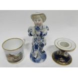 Meissen taper stick, the blue ground with gilt panels of flowers and a pastoral scene, crossed