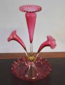 Victorian cranberry glass epergne, 40cm high