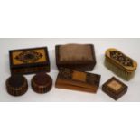 Collection of various Tonbridge ware mounted items including pin cushion, small lidded box, brush