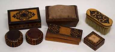 Collection of various Tonbridge ware mounted items including pin cushion, small lidded box, brush