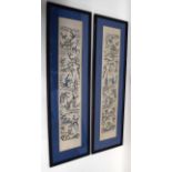 Two pieces of Chinese embroidery with characters in various pursuits in black lacquer frames, 55cm x