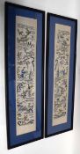 Two pieces of Chinese embroidery with characters in various pursuits in black lacquer frames, 55cm x