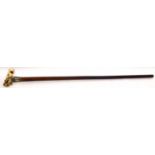 Malacca cane applied with a bone or ivorine handle formed as a temple dog with a ball in its
