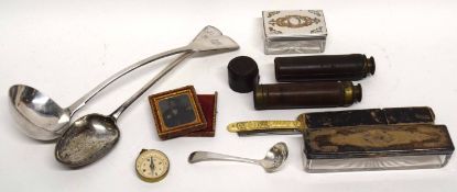 Box including various glass toiletry boxes with silver plated lids, two vintage pocket telescopes,