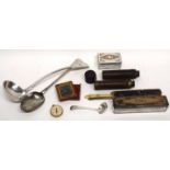 Box including various glass toiletry boxes with silver plated lids, two vintage pocket telescopes,