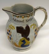 Early 19th century pearl ware jug decorated in relief with Admiral Nelson with a Capt Berry verso (