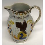 Early 19th century pearl ware jug decorated in relief with Admiral Nelson with a Capt Berry verso (