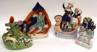 Group of Staffordshire wares including two figures on a boat, one of a hunting scene, (4)