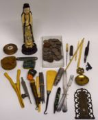 Box of various items including coins, pen knife, Oriental figure etc