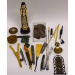 Box of various items including coins, pen knife, Oriental figure etc